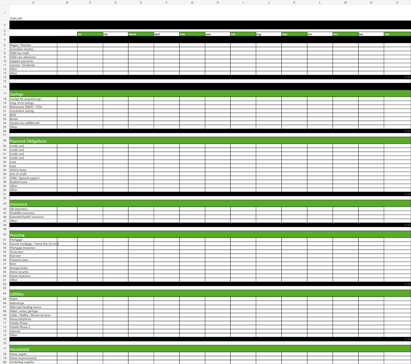 CreditPulse annual spending planner with monthly columns and Canadian budget categories