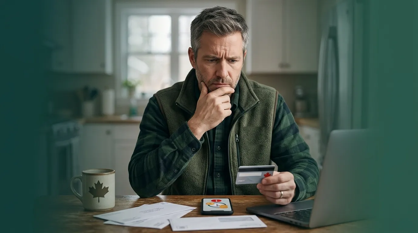 Man at his kitchen table comparing a credit card with a cashback membership app on his phone
